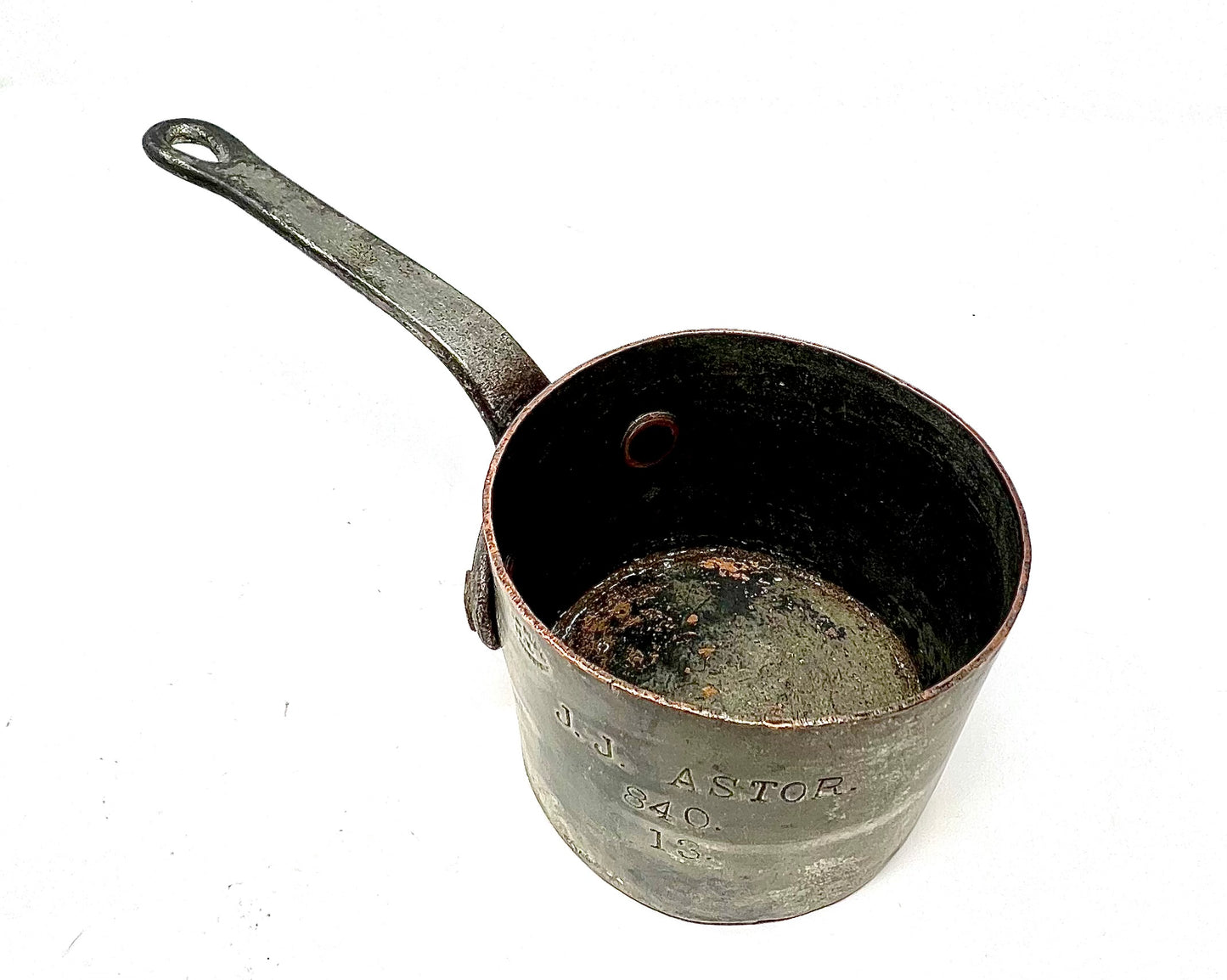 For the Elite collector! Personally owned name stamped small cooking pot from the John Jacob Astor IV Mansion. “Astor’s Last Supper?” Small size.
